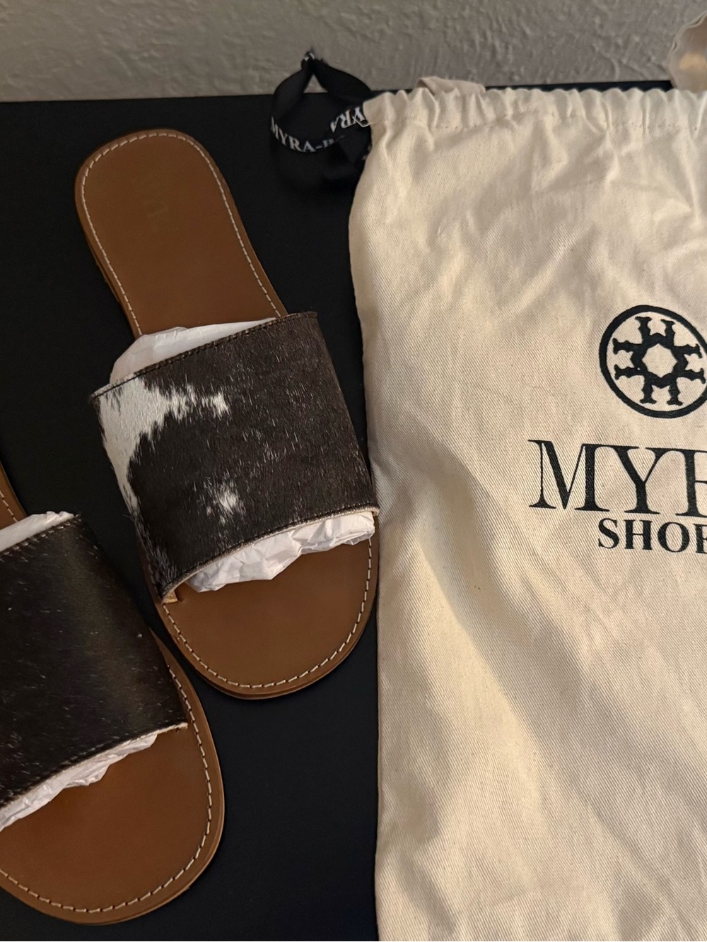 Myra Bag Black and White Cowhide Slide Sandals